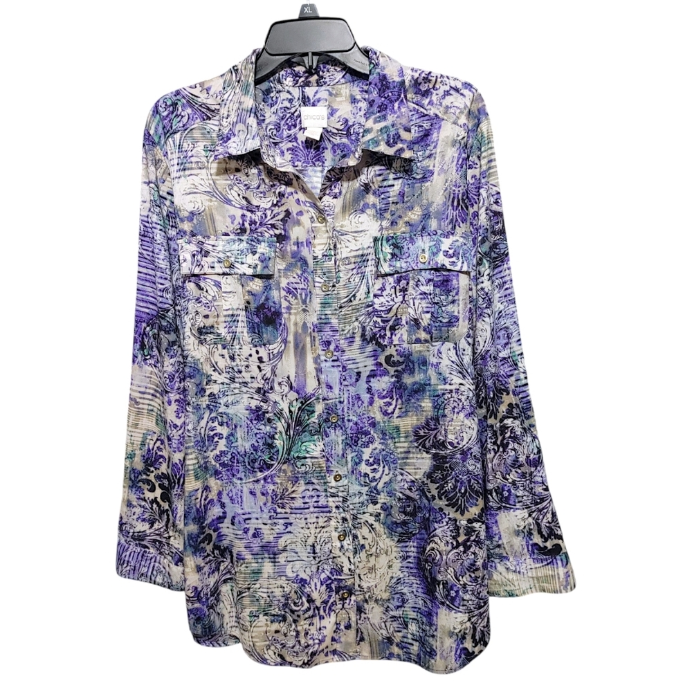 Chico's Blue Mixed Pattern Graphic Button Down Sh… - image 1